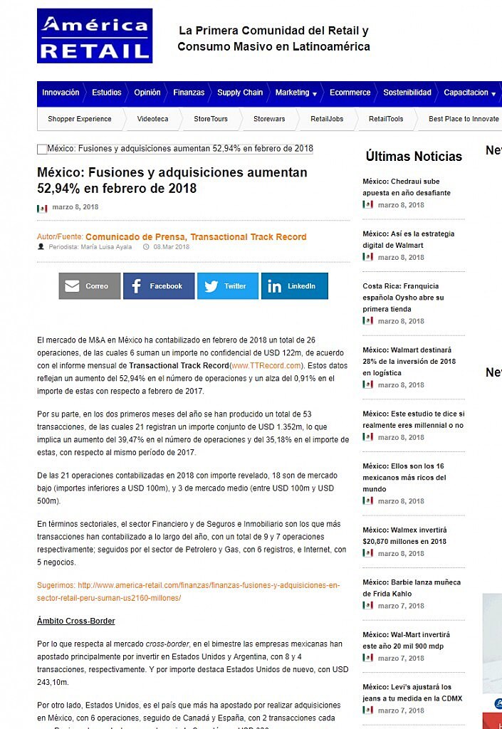 Mxico: Fusiones y adquisiciones aumentan 52,94% en febrero de 2018